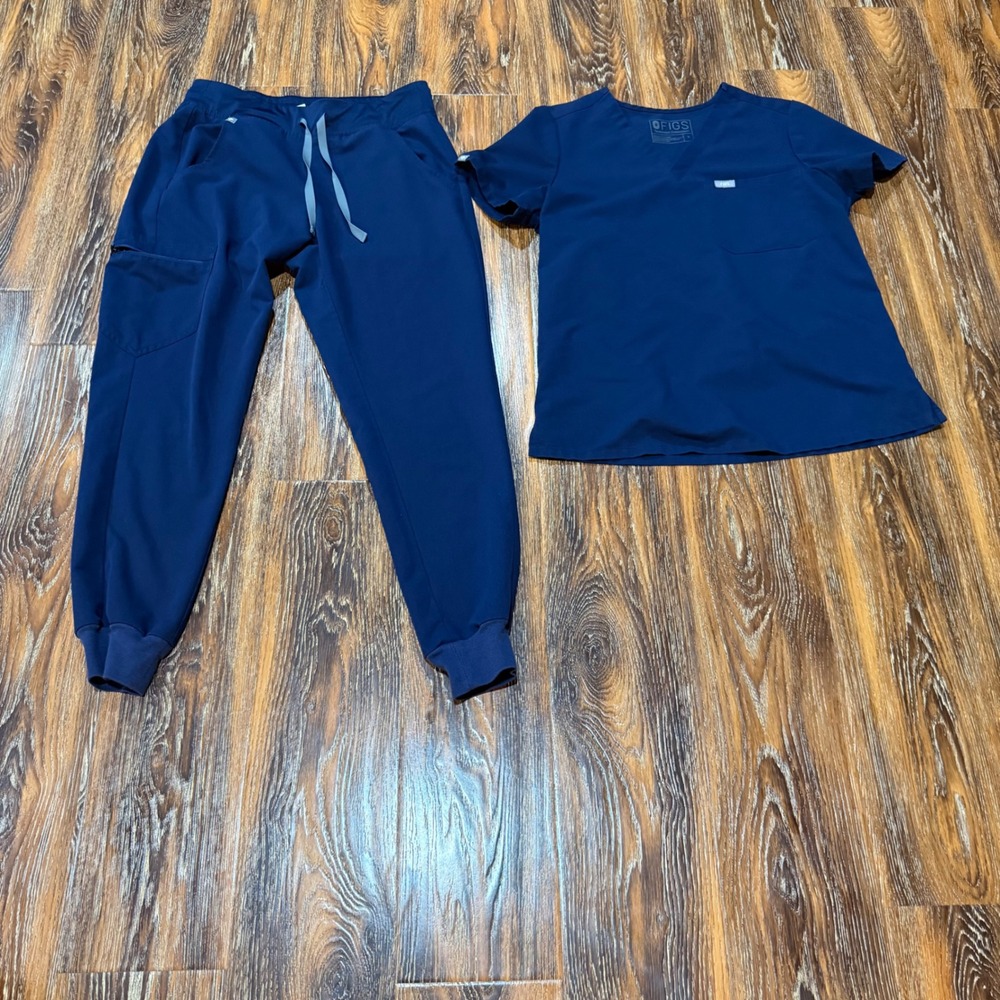 FIGS Small Scrub Set Women Navy Blue Casala V-Neck Zamora Jogger Pants WORN
